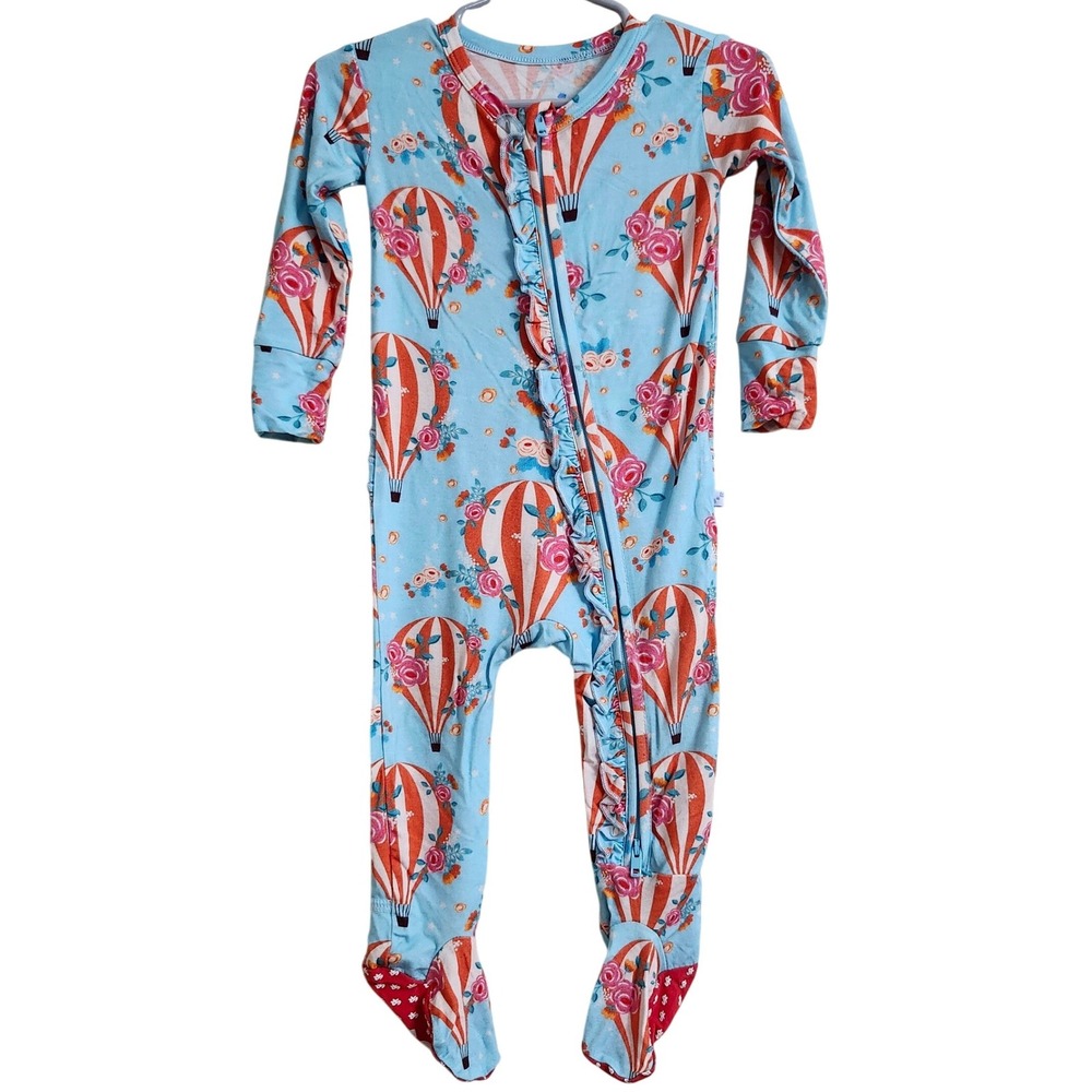 NEW Hot Air Balloon Bamboo 9-12 Months Ruffle Footed Pajamas Baby Stone And Rose
